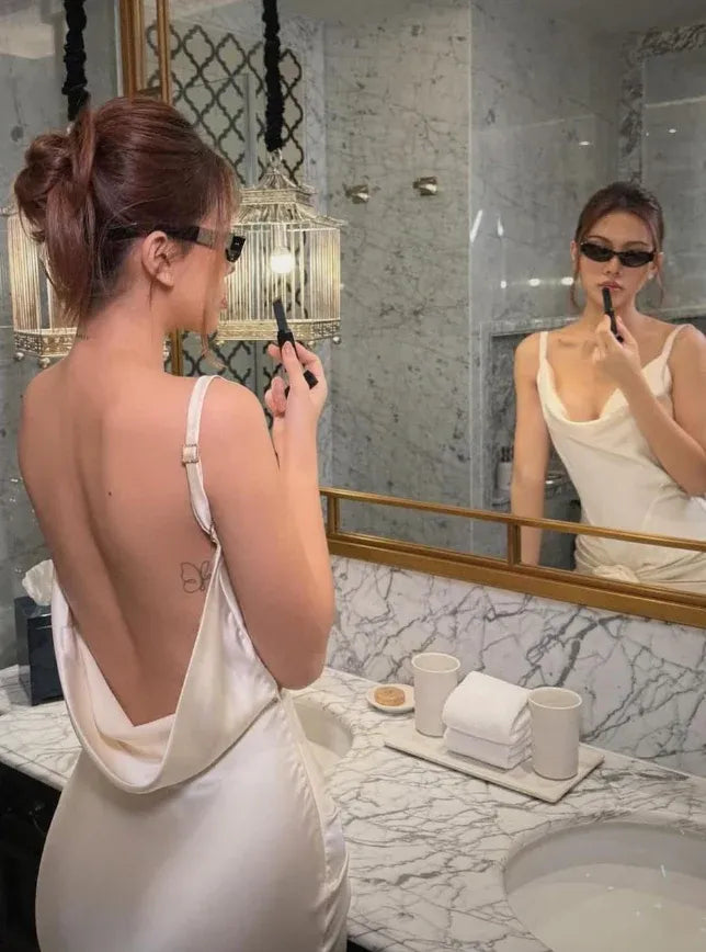 Champagne Satin Cowl Neck Open Back Mermaid Maxi Gown with 3D Floral Detail & Train