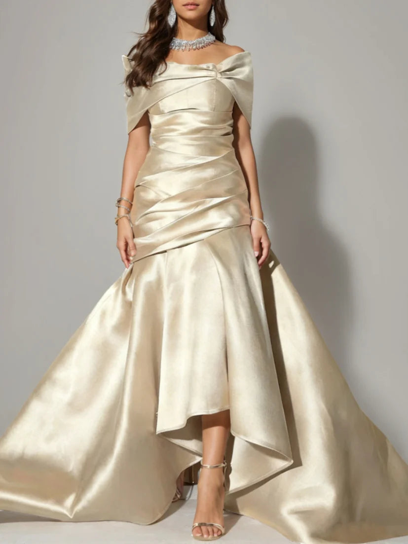 Champagne Satin Mermaid Evening Dress with Off-the-Shoulder Neckline, Ruched Bodice & High-Low Chapel Train