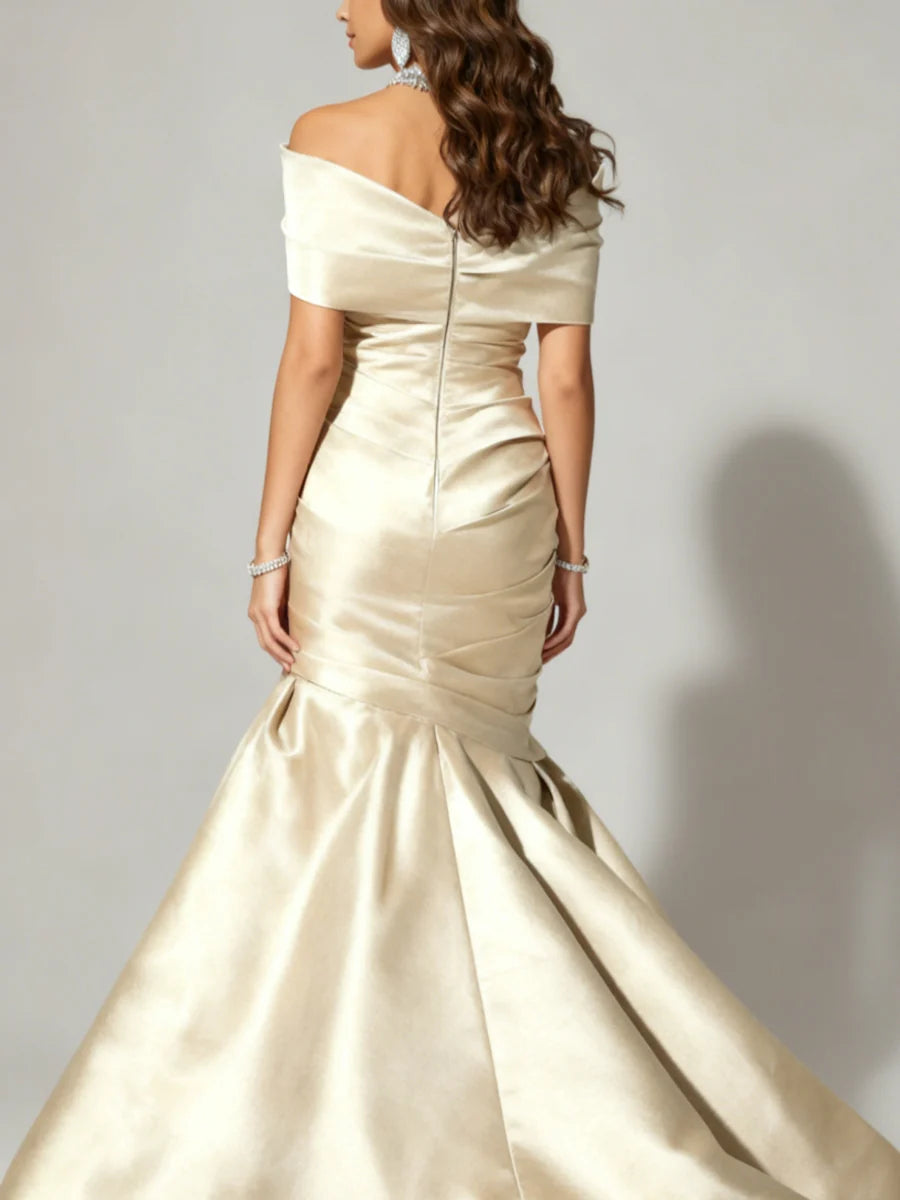 Champagne Satin Mermaid Evening Dress with Off-the-Shoulder Neckline, Ruched Bodice & High-Low Chapel Train