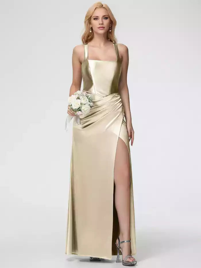 Satin Prom Dress Straps Ruched Floor Length   Prom Dress With Split Fork