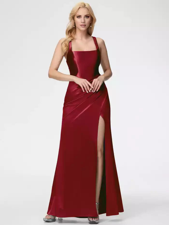 Satin Prom Dress Straps Ruched Floor Length   Prom Dress With Split Fork
