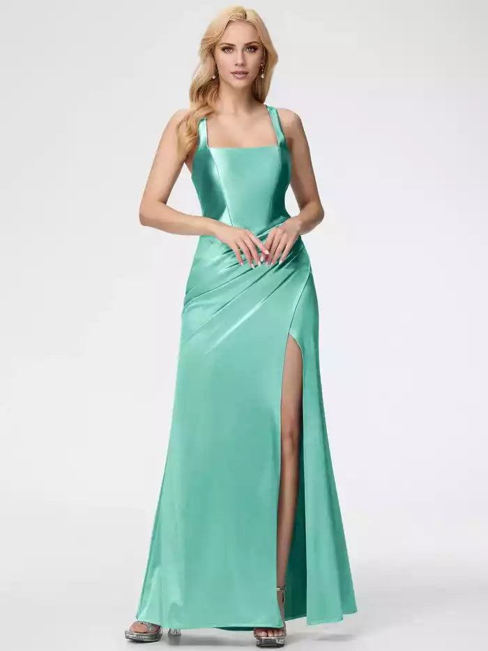Satin Prom Dress Straps Ruched Floor Length   Prom Dress With Split Fork