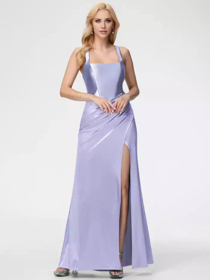 Satin Prom Dress Straps Ruched Floor Length   Prom Dress With Split Fork