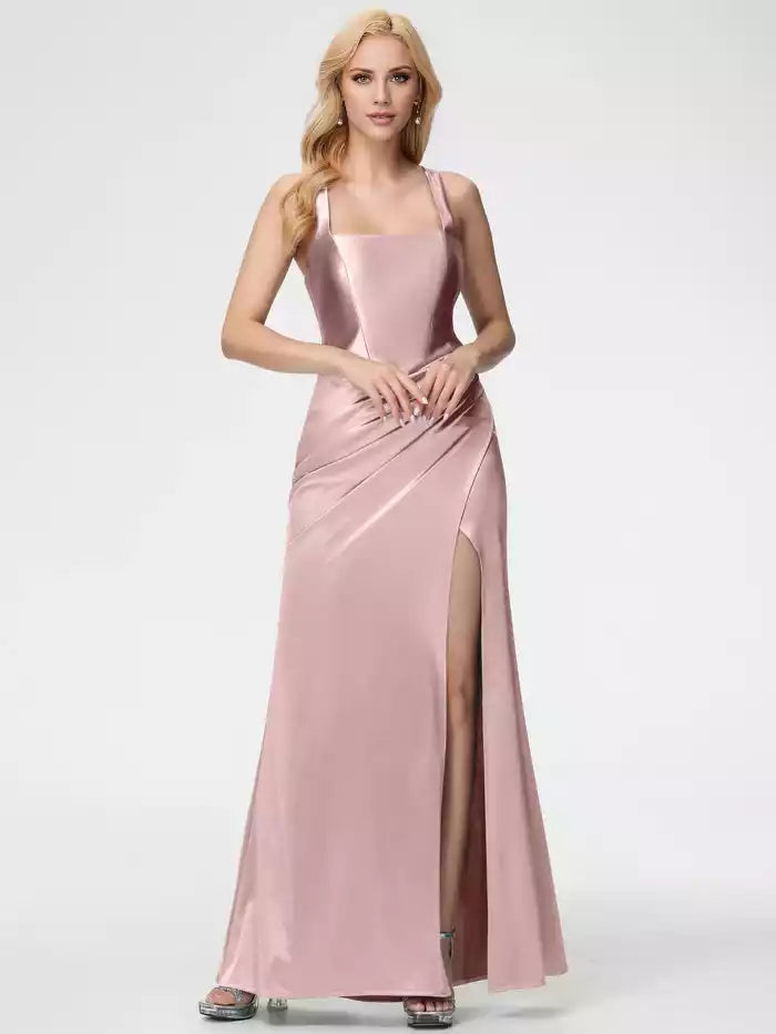 Satin Prom Dress Straps Ruched Floor Length   Prom Dress With Split Fork
