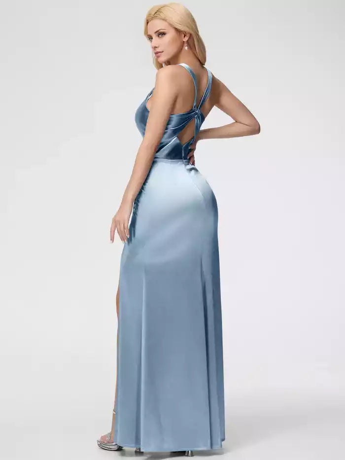 Satin Prom Dress Straps Ruched Floor Length   Prom Dress With Split Fork