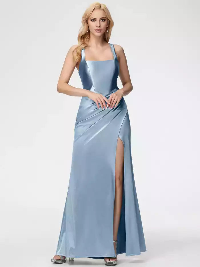 Satin Prom Dress Straps Ruched Floor Length   Prom Dress With Split Fork