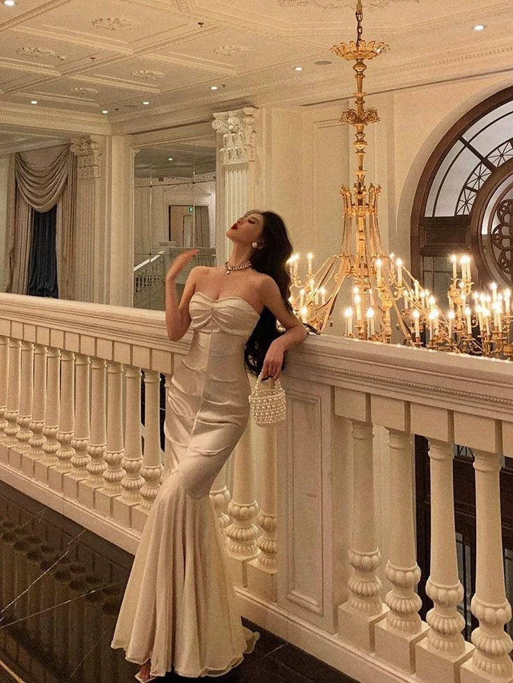 Champagne Satin Strapless Mermaid Gown with Tulle Overlay