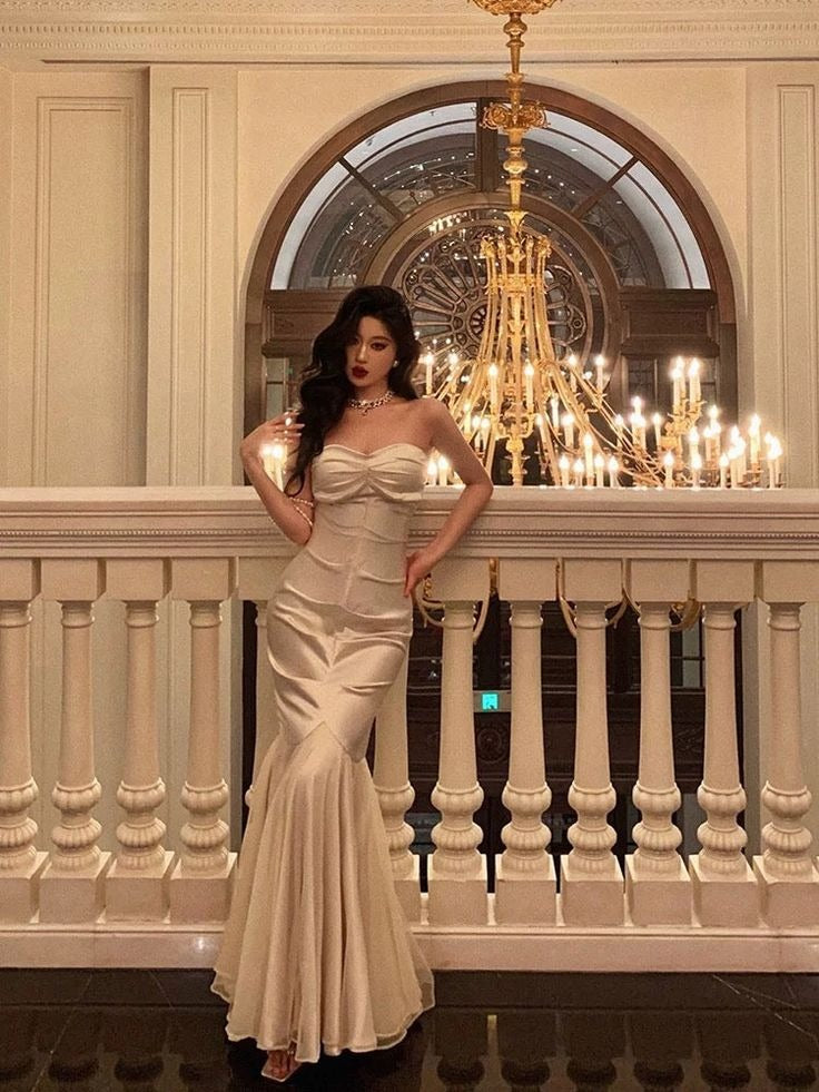 Champagne Satin Strapless Mermaid Gown with Tulle Overlay