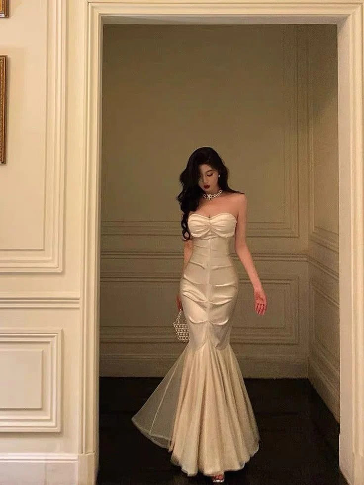 Champagne Satin Strapless Mermaid Gown with Tulle Overlay