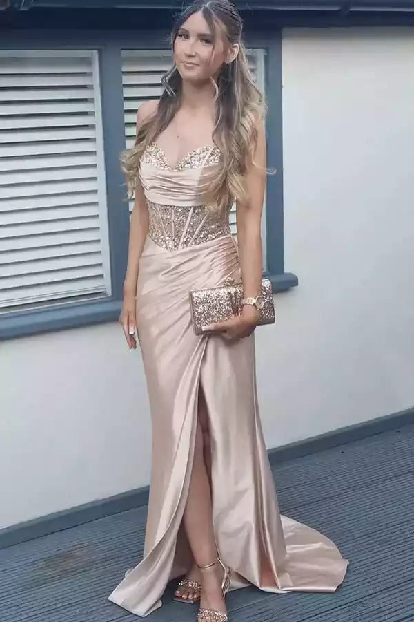 Champagne Satin & Beaded Crisscross Back Mermaid Slit Gown – Luxe & Glamorous Evening Party Dress