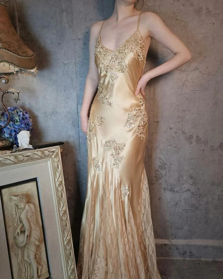 Champagne Sequin Lace Satin Mermaid Gown – Spaghetti Strap Formal Evening Dress