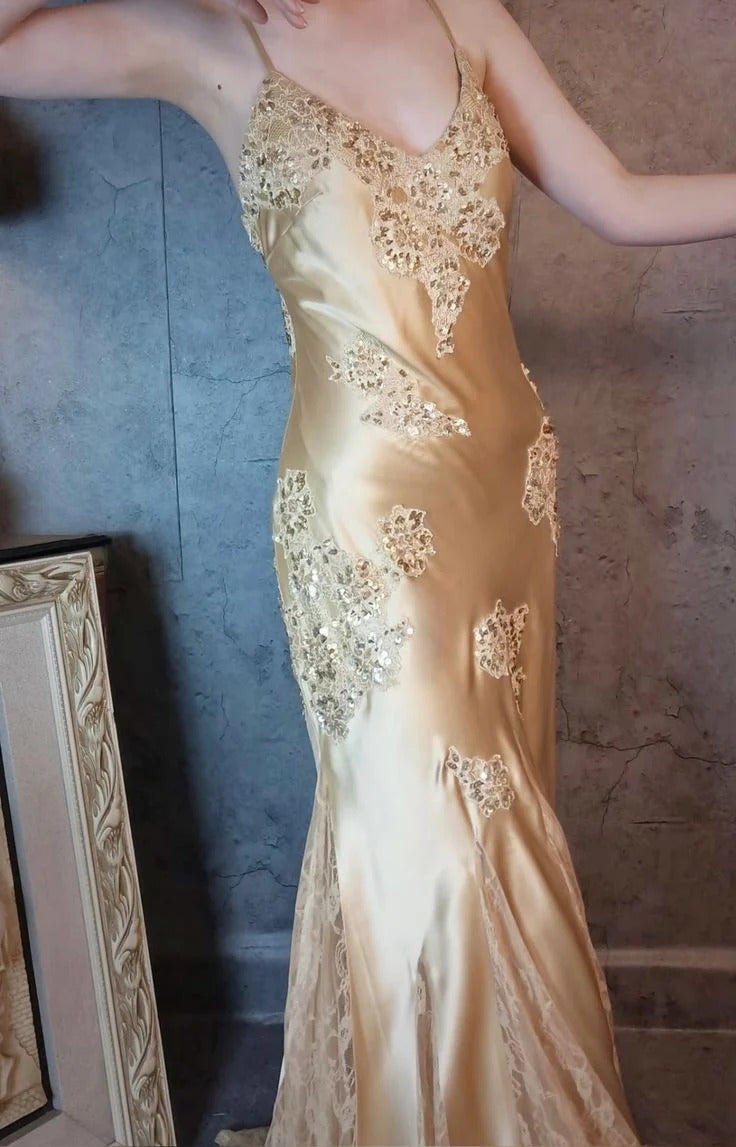 Champagne Sequin Lace Satin Mermaid Gown – Spaghetti Strap Formal Evening Dress