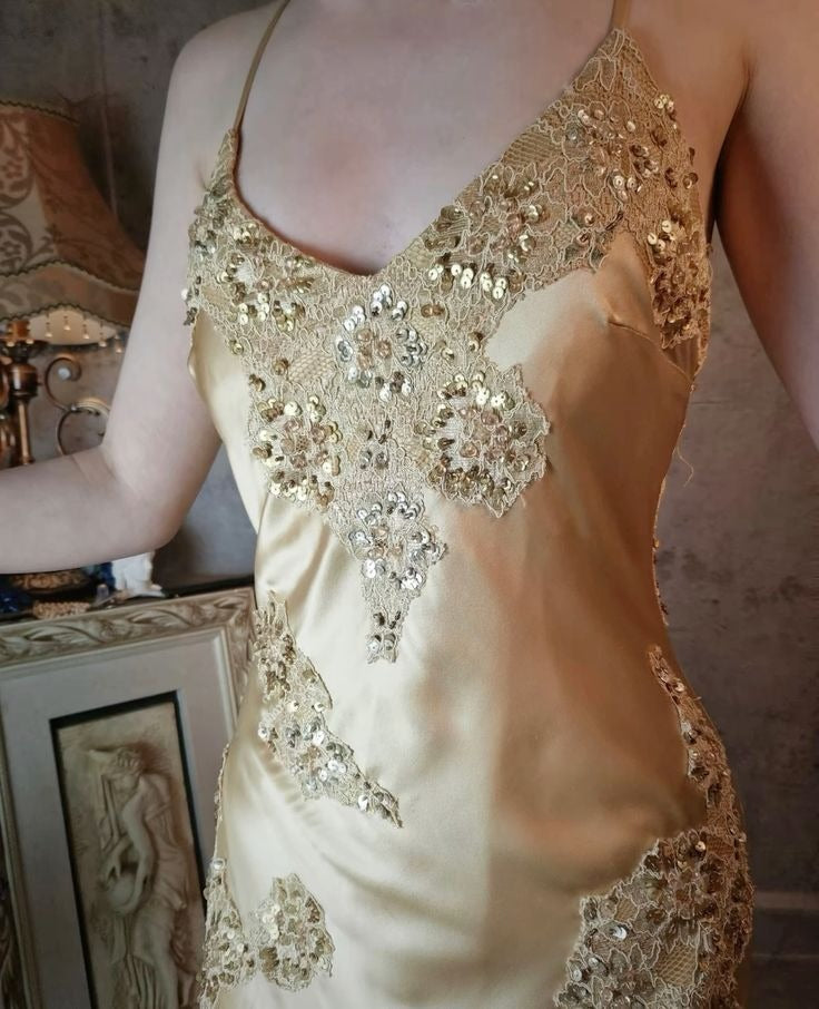Champagne Sequin Lace Satin Mermaid Gown – Spaghetti Strap Formal Evening Dress