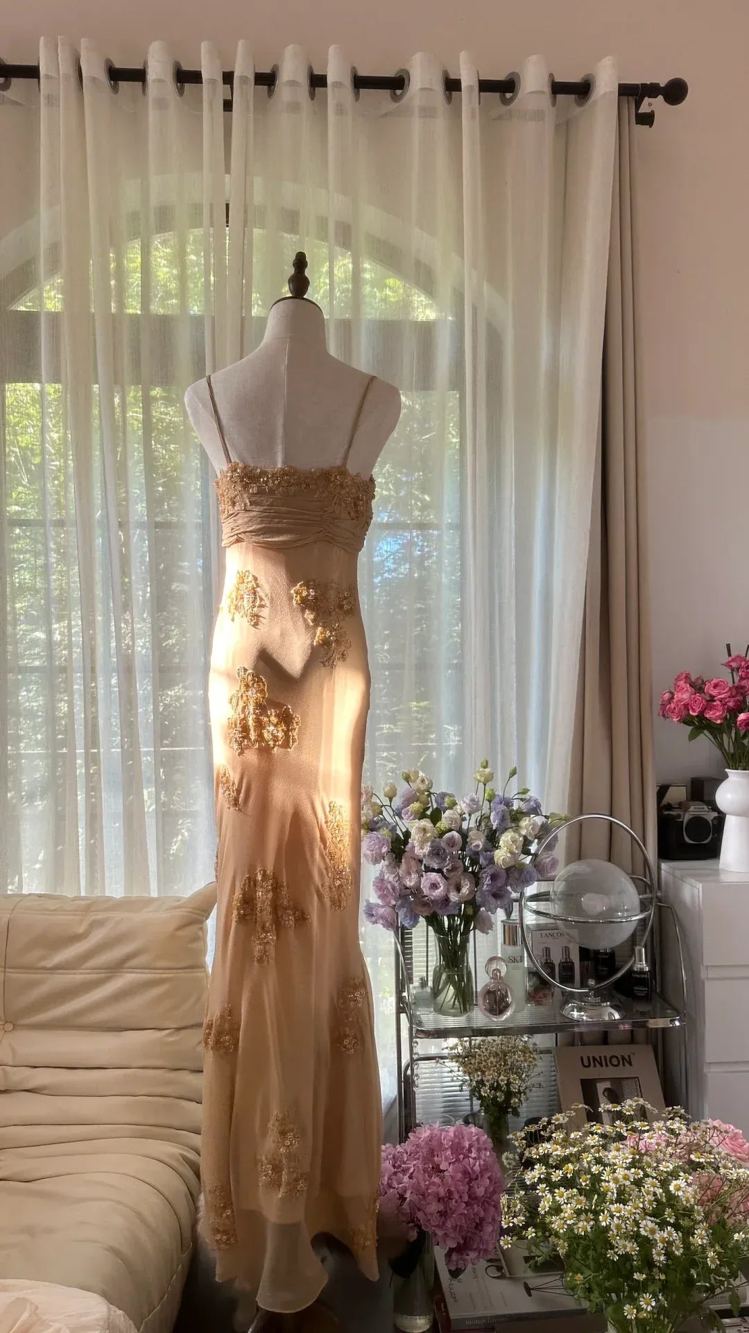 Champagne Spaghetti Strap Floral Sequin Chiffon Maxi Gown