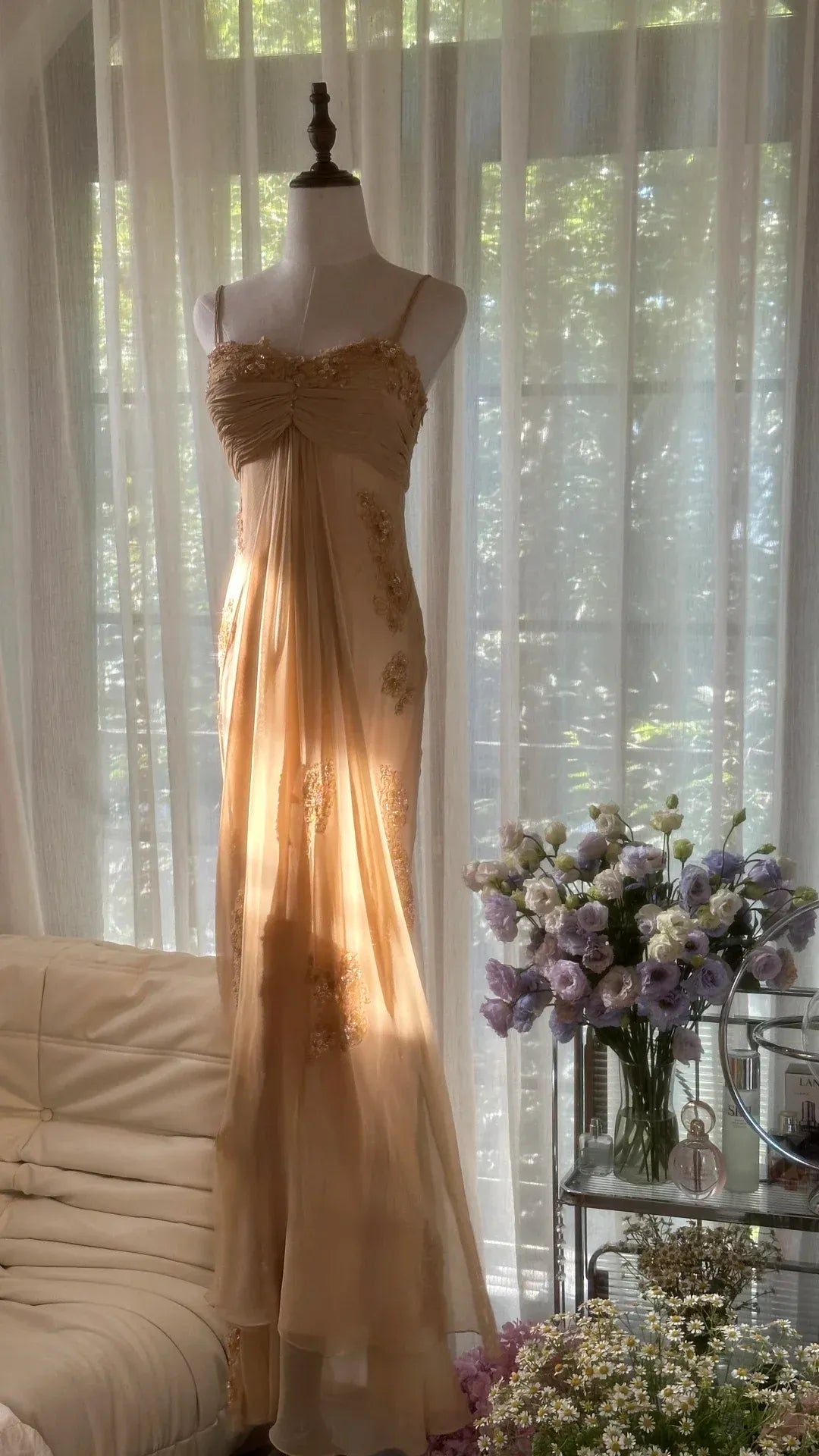 Champagne Spaghetti Strap Floral Sequin Chiffon Maxi Gown