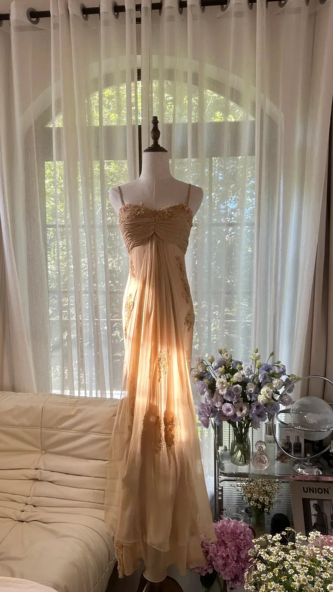 Champagne Spaghetti Strap Floral Sequin Chiffon Maxi Gown