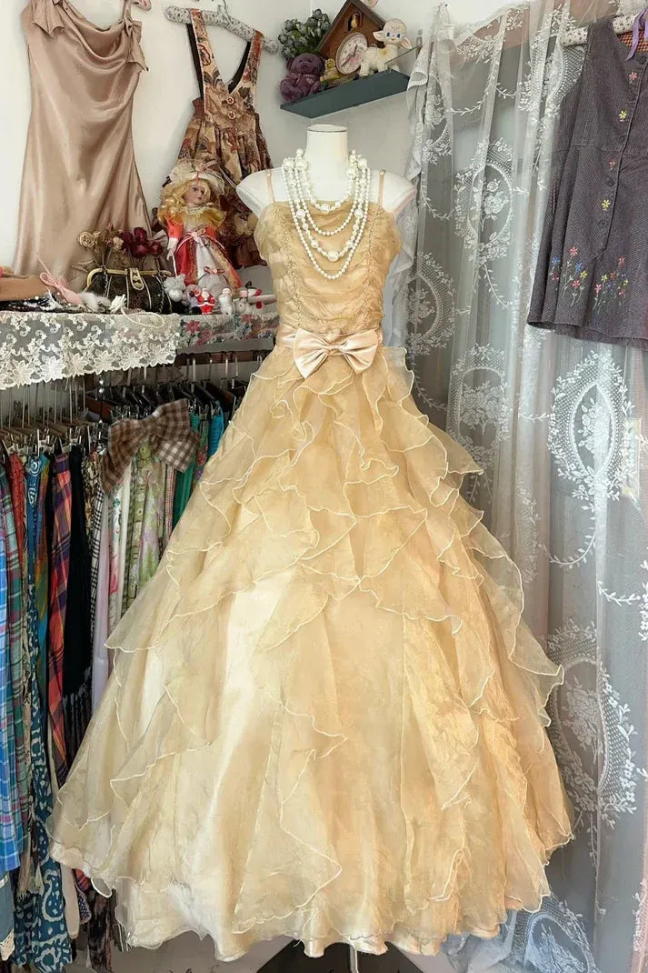 Champagne Spaghetti Strap Ruffled Tulle Gown with Satin Bow