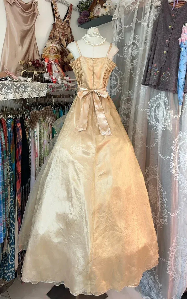 Champagne Spaghetti Strap Ruffled Tulle Gown with Satin Bow