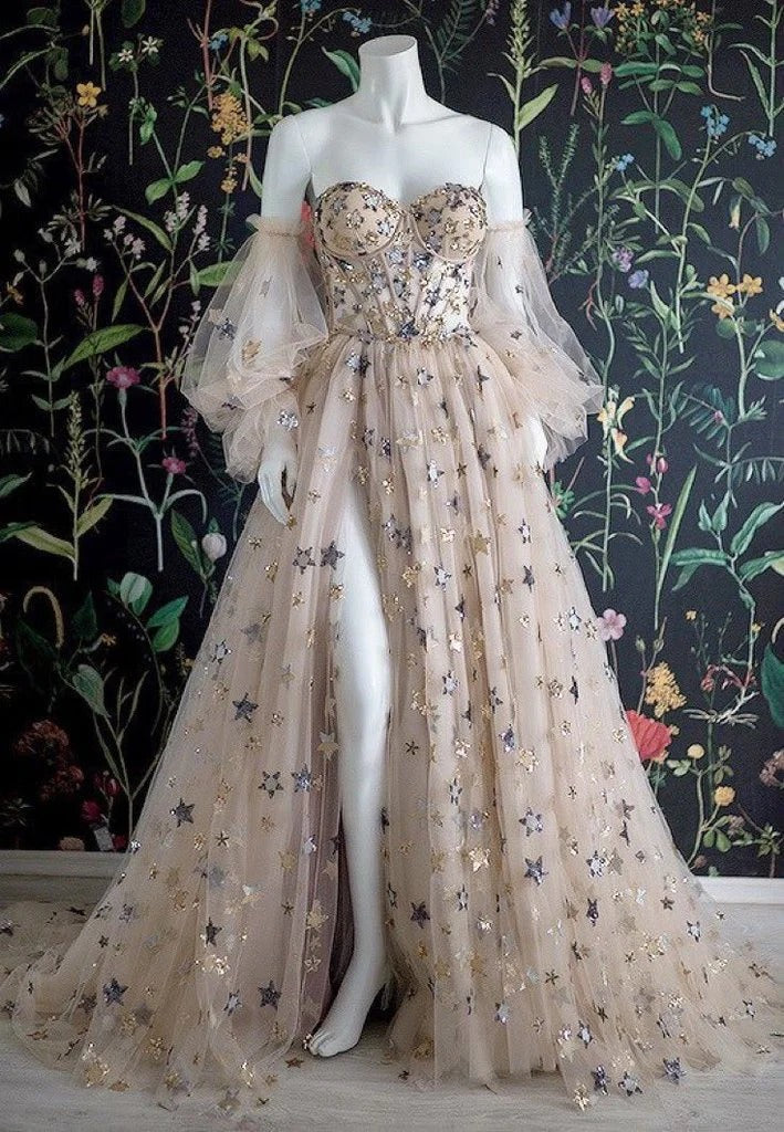 Champagne Star Tulle Gown – Puff Sleeve Prom Dress with Slit & Celestial Sparkle