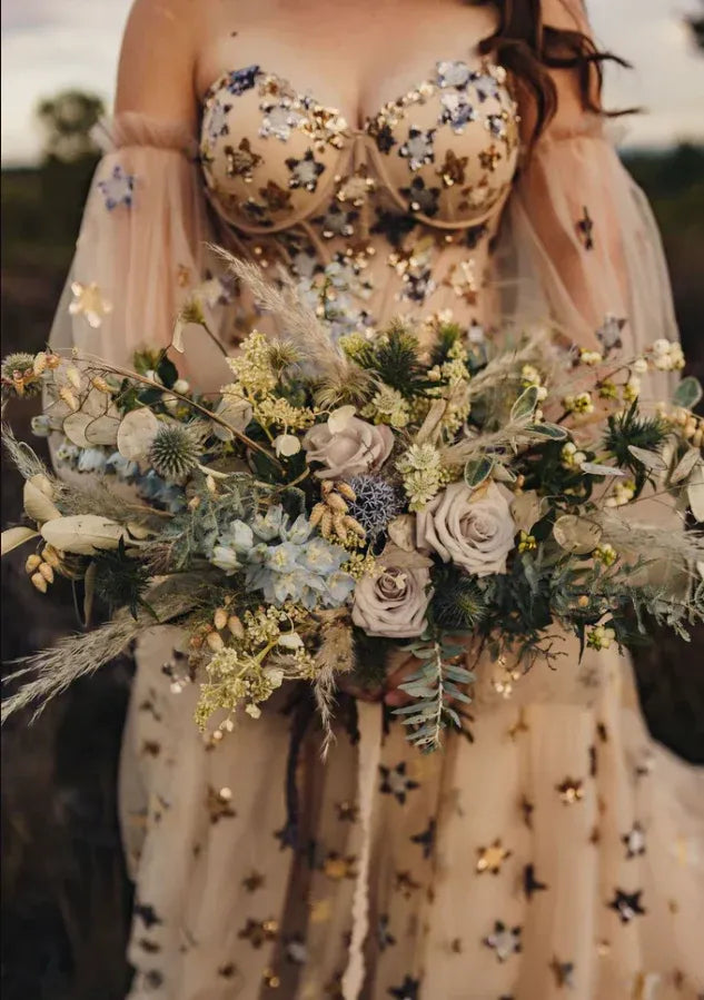 Champagne Star Tulle Gown – Puff Sleeve Prom Dress with Slit & Celestial Sparkle