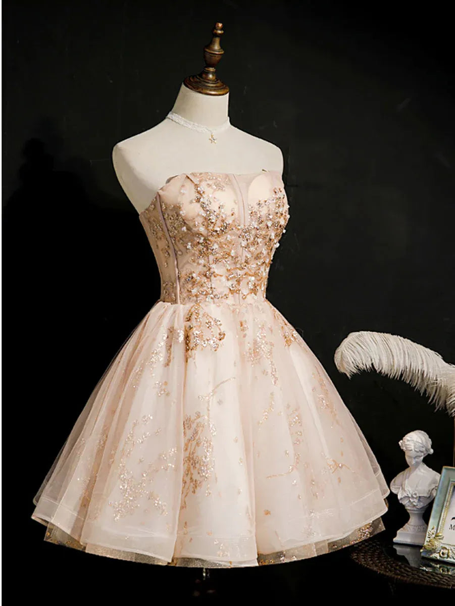 Champagne Strapless Beaded Lace-Up Tulle A-Line Homecoming Dress