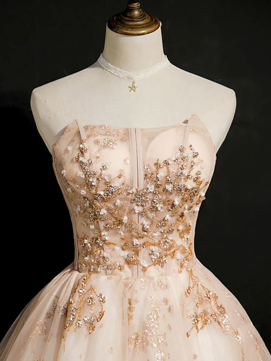 Champagne Strapless Beaded Lace-Up Tulle A-Line Homecoming Dress