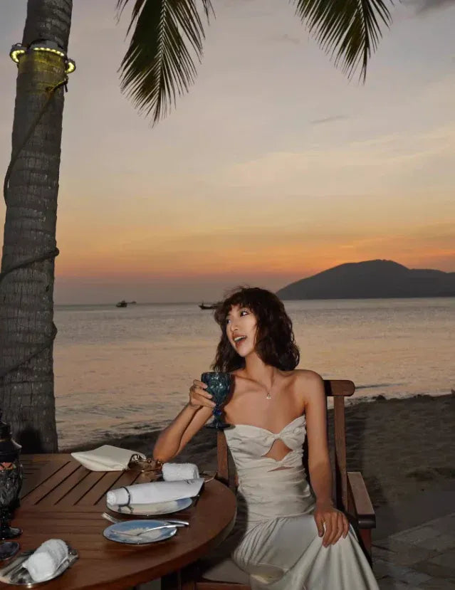 Champagne Strapless Twist Cutout Maxi Dress – Beach Vacation Evening Gown