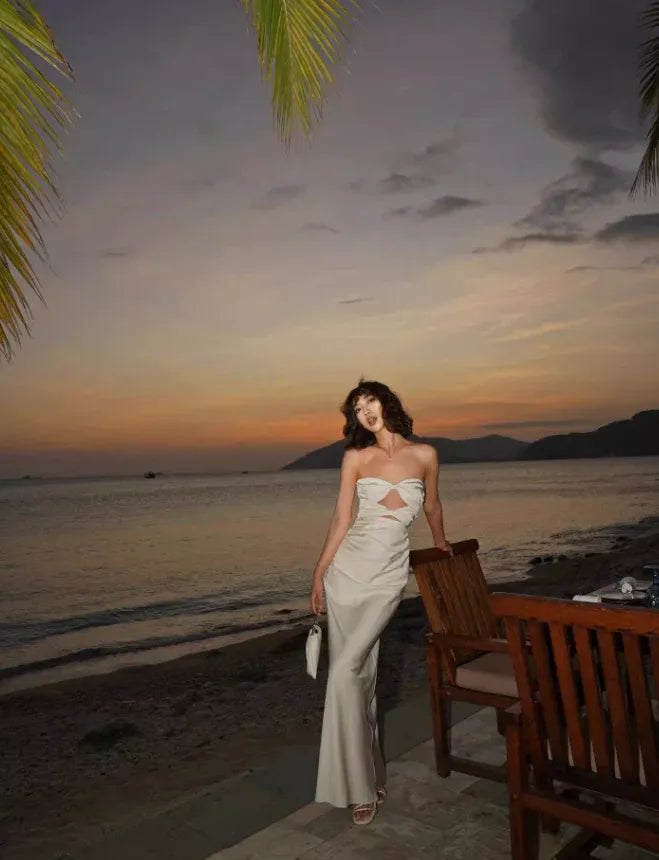 Champagne Strapless Twist Cutout Maxi Dress – Beach Vacation Evening Gown
