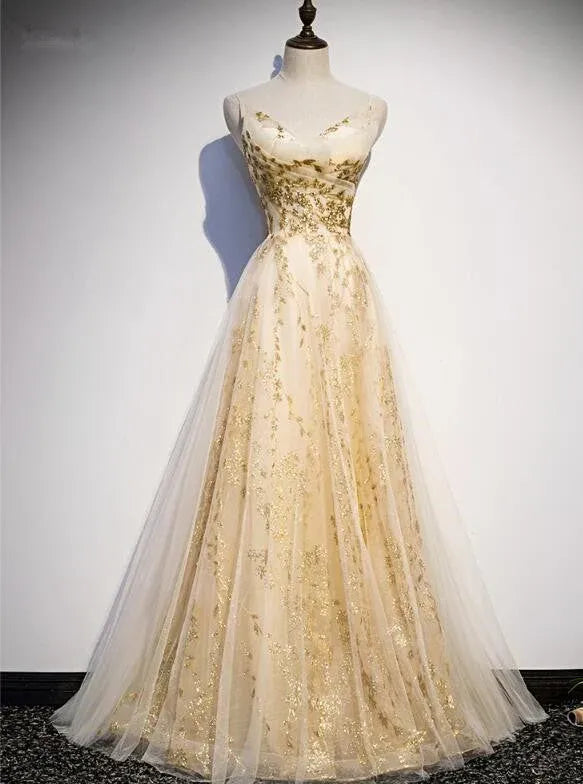 Champagne Tulle Gown with Gold Floral Embroidery and Lace-Up Back