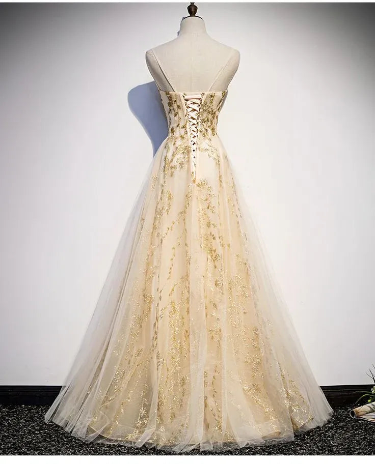 Champagne Tulle Gown with Gold Floral Embroidery and Lace-Up Back
