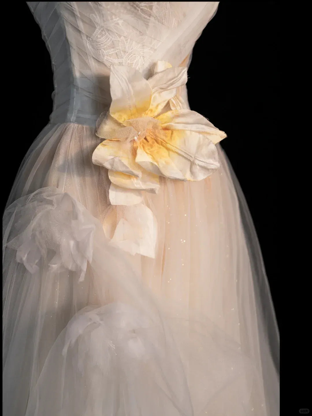 Champagne Tulle One-Shoulder Gown with Floral Appliqué