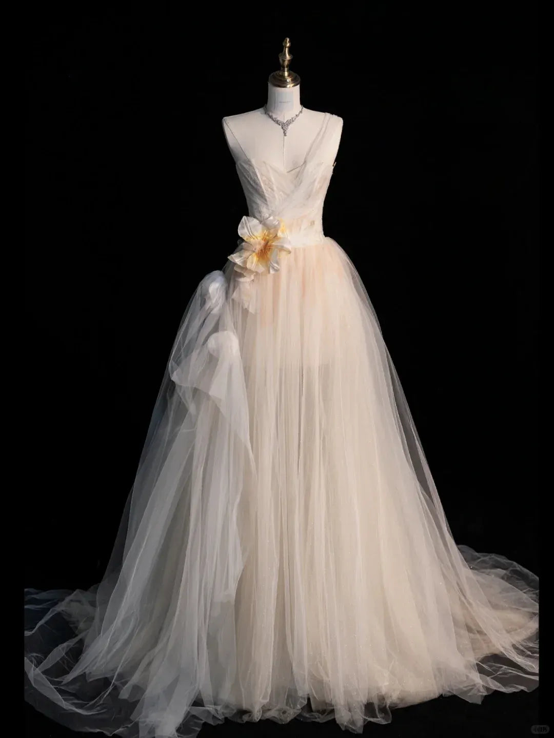 Champagne Tulle One-Shoulder Gown with Floral Appliqué
