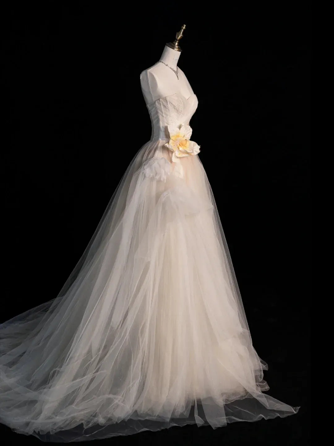 Champagne Tulle One-Shoulder Gown with Floral Appliqué