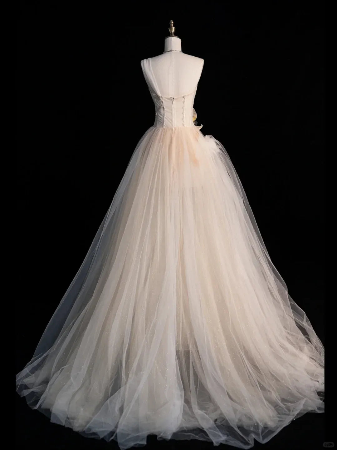 Champagne Tulle One-Shoulder Gown with Floral Appliqué