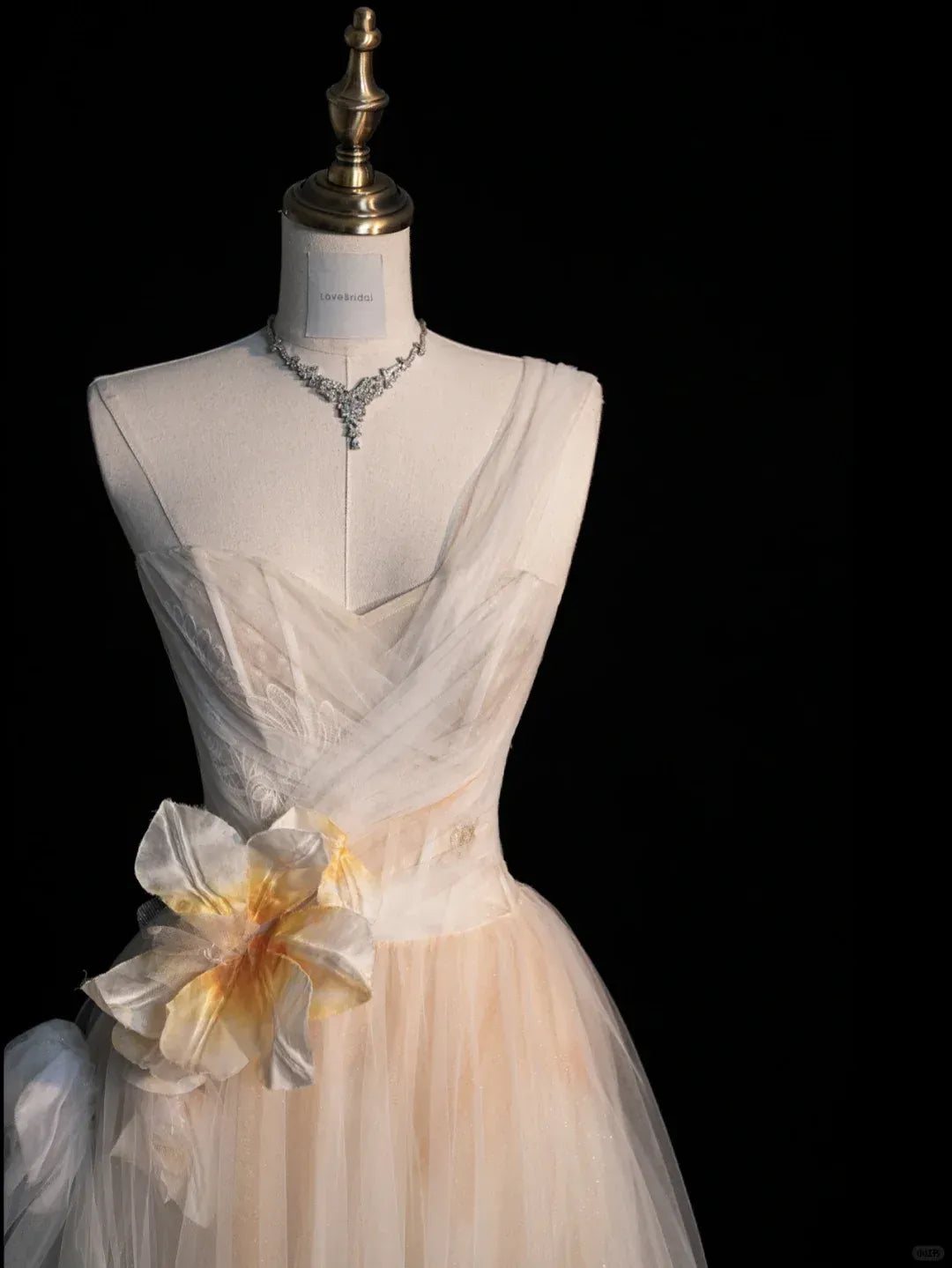 Champagne Tulle One-Shoulder Gown with Floral Appliqué