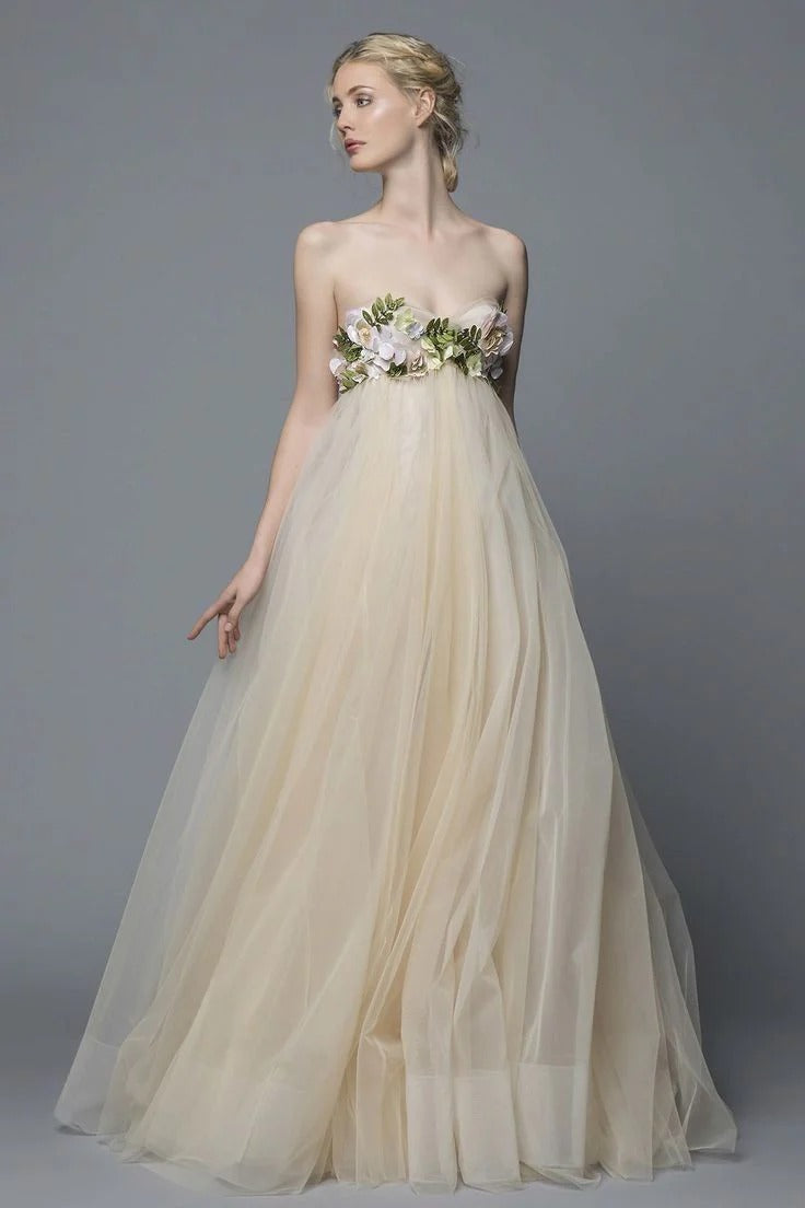 Champagne Tulle Strapless Floral Empire Waist Gown