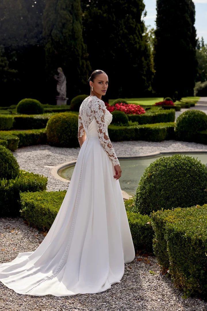 Charmeuse A-Line Gown with Corded Alençon Lace Queen Anne Neckline Wedding Dresses