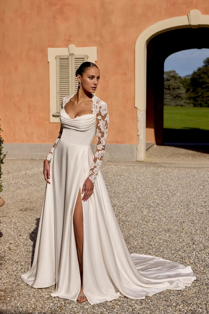 Charmeuse A-Line Gown with Corded Alençon Lace Queen Anne Neckline Wedding Dresses