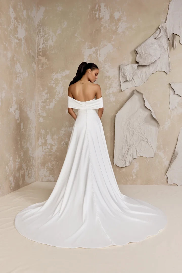 Charmeuse A-Line Gown with Dramatic Off-The- Shoulder Neckline Wedding Dresses