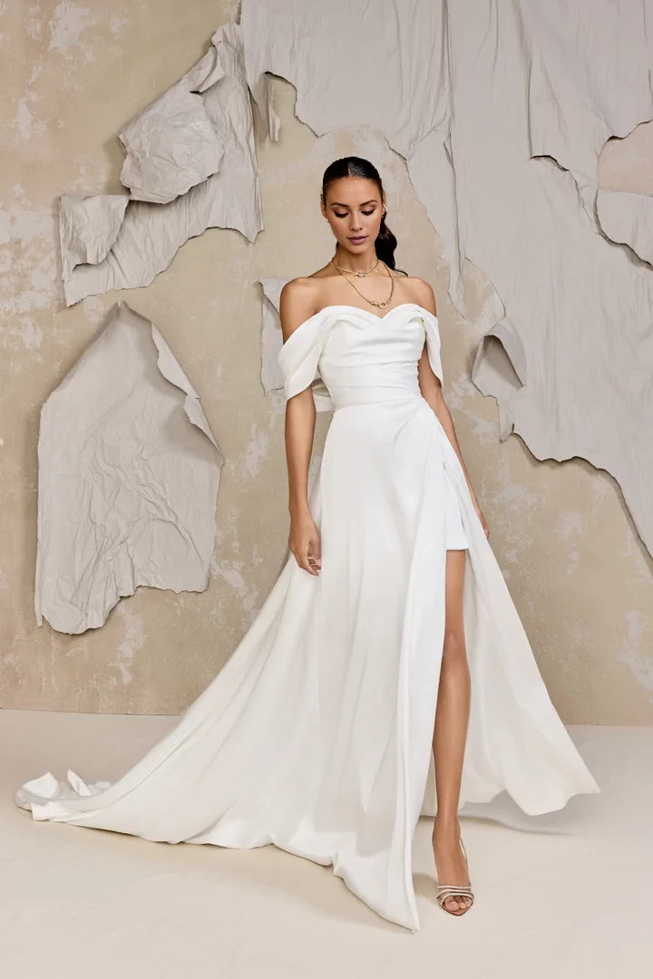 Charmeuse A-Line Gown with Dramatic Off-The- Shoulder Neckline Wedding Dresses