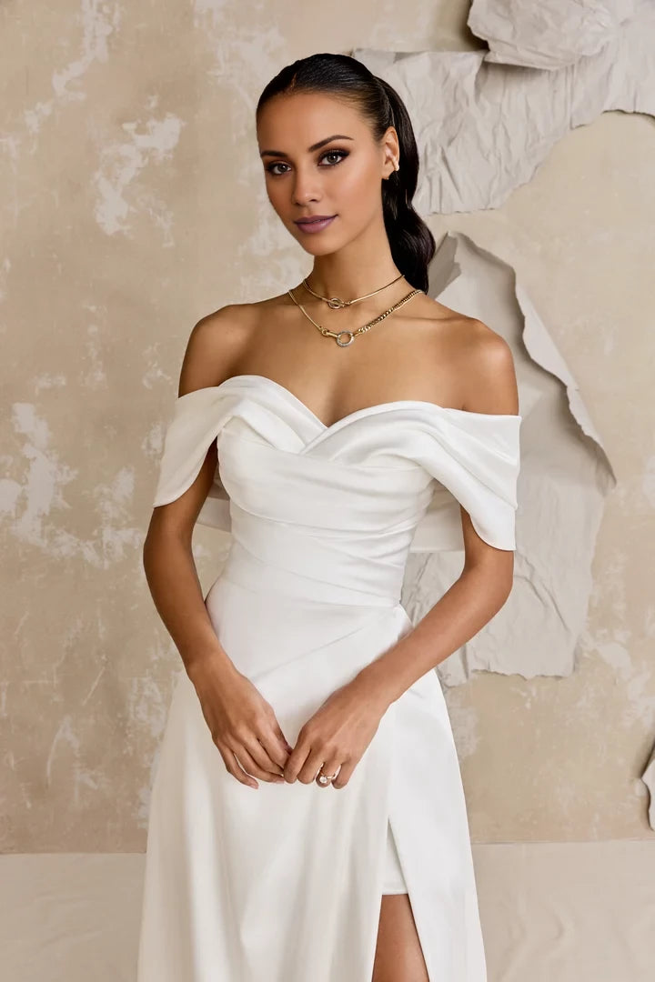 Charmeuse A-Line Gown with Dramatic Off-The- Shoulder Neckline Wedding Dresses