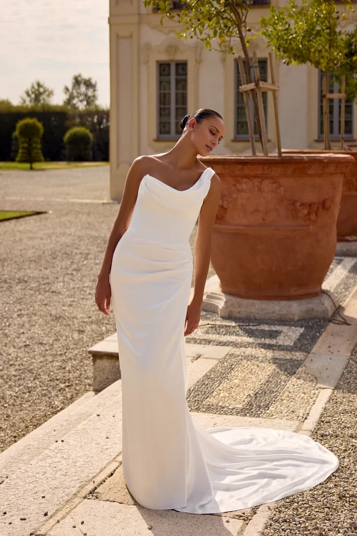 Charmeuse Fit and Flare Gown with Draped One Shoulder Neckline Wedding Dresses