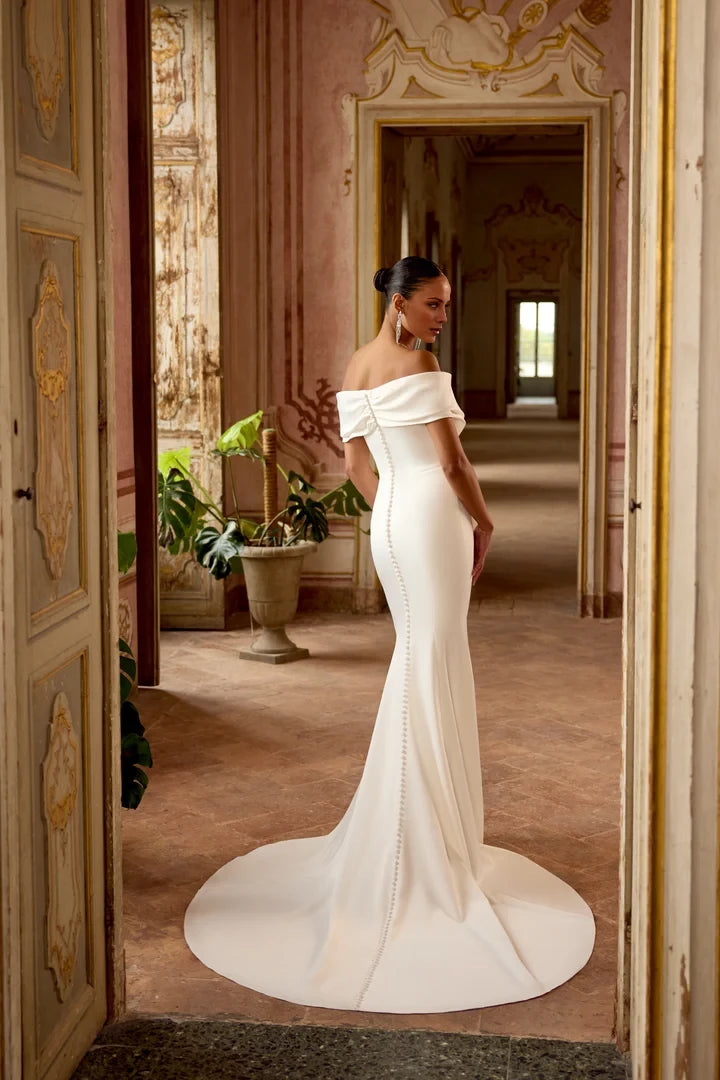 Charmeuse Fit and Flare Gown with Pleated Portrait Neckline Wedding Dresses