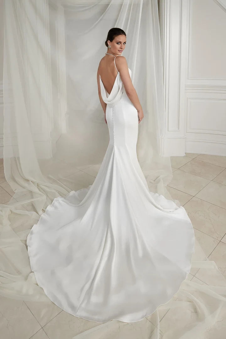 Charmeuse Fit and Flare Gown with Scoop Neckline and Cowl Back Wedding Dresses