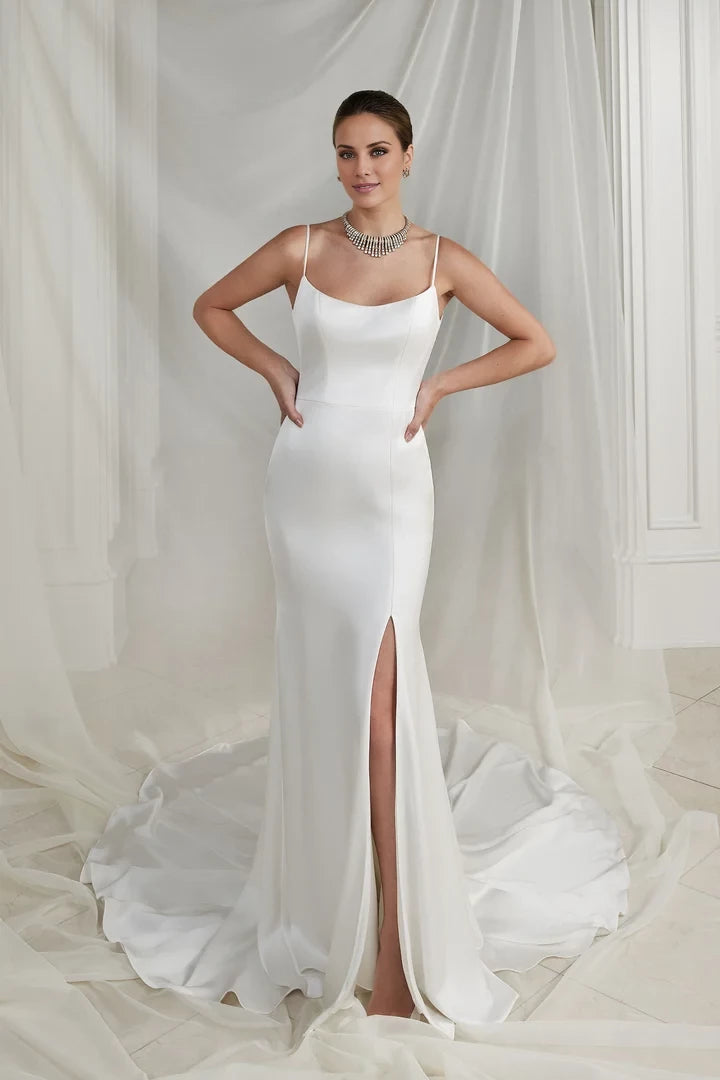 Charmeuse Fit and Flare Gown with Scoop Neckline and Cowl Back Wedding Dresses