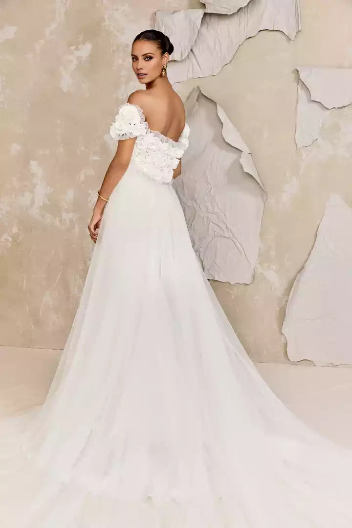 Charmeuse Fit and Flare Gown with Strapless Cat Eye Draped Neckline Wedding Dress