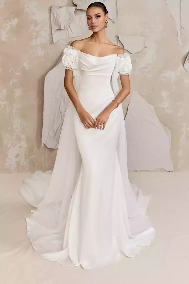 Charmeuse Fit and Flare Gown with Strapless Cat Eye Draped Neckline Wedding Dress