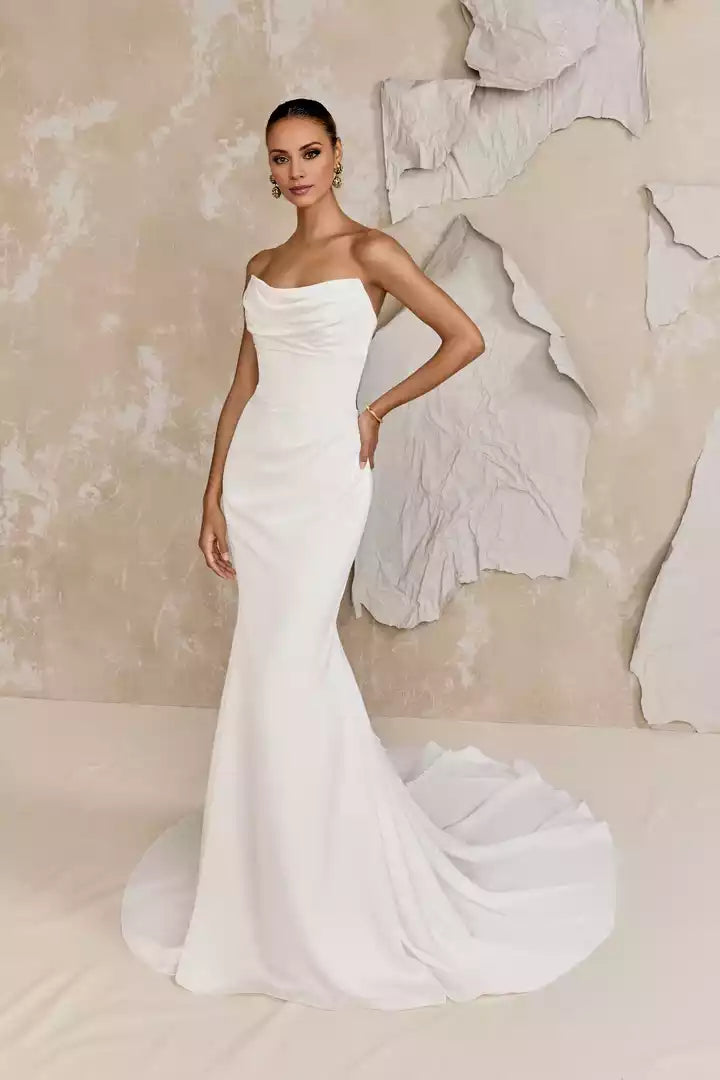 Charmeuse Fit and Flare Gown with Strapless Cat Eye Draped Neckline Wedding Dress