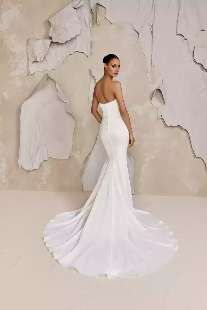 Charmeuse Fit and Flare Gown with Strapless Cat Eye Draped Neckline Wedding Dress