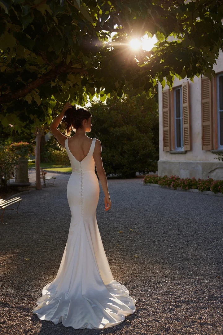 Charmeuse Fit and Flare Wedding Dress with Rached Deep V-Neckline Wedding Dreses
